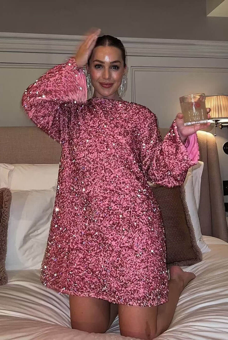 Women Textured Boucle Knit Long Sleeve Mini Dress - Image 8