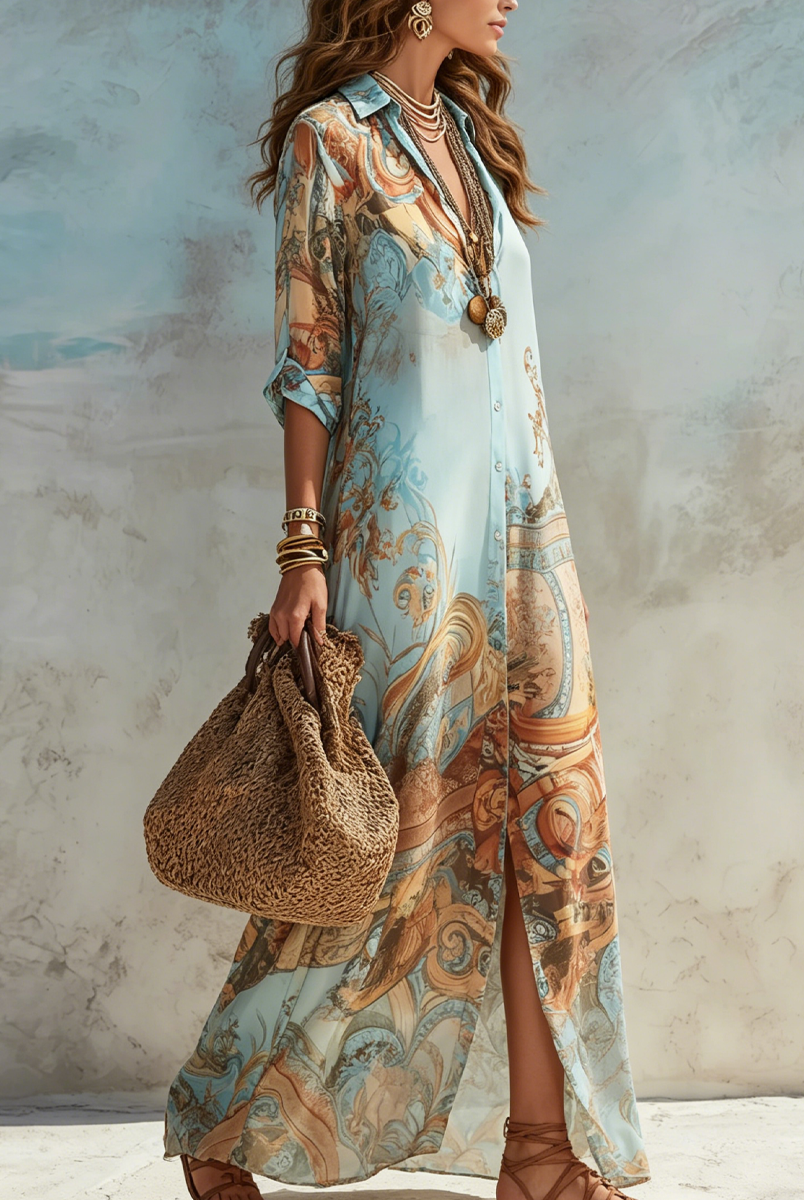 Women Blue Printed Chiffon Shirt Dress - Image 4