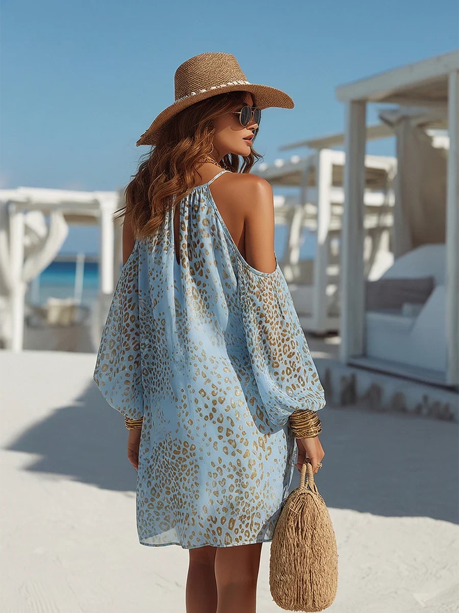 Women Bohemian Leopard Print Cold Shoulder Balloon Sleeve Mini Dress - Image 3