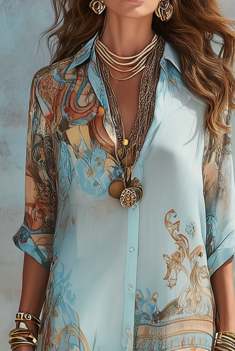 Women Blue Printed Chiffon Shirt Dress - Image 6