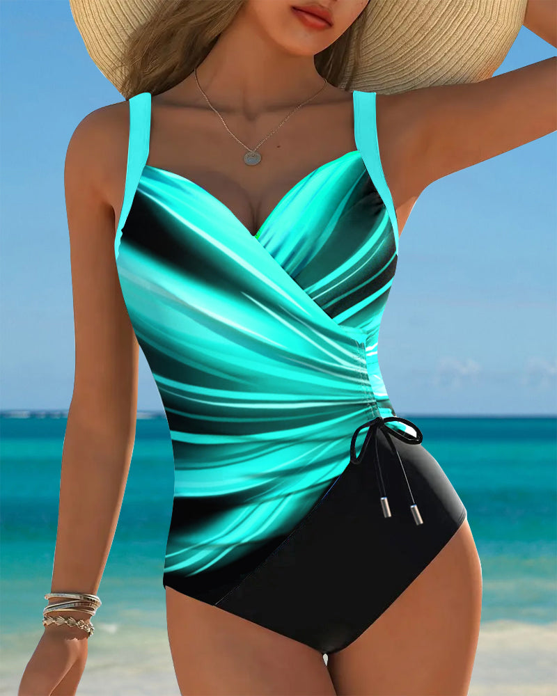 Women Lace Up Color Block One Piece Swimsuit - Image 13