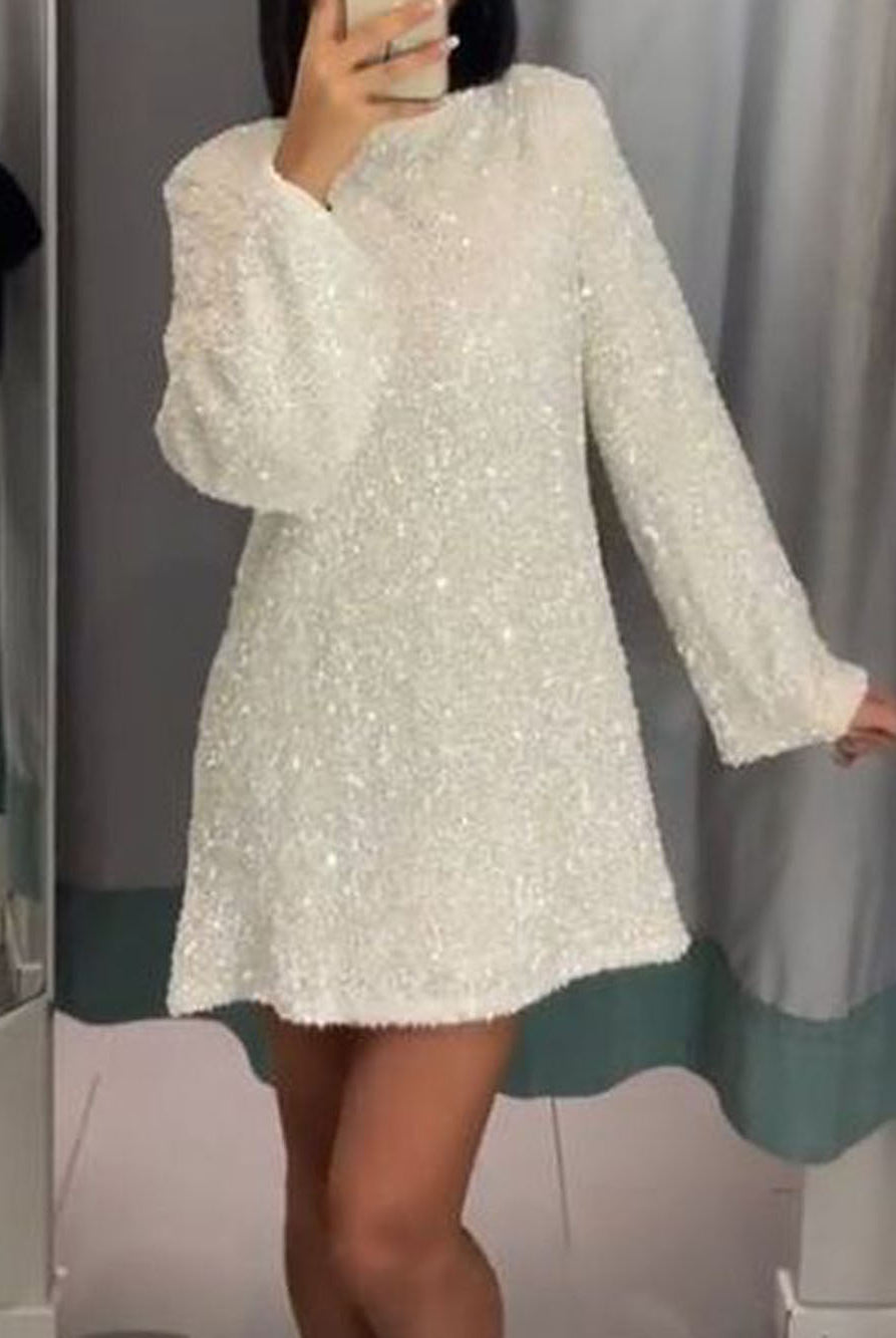 Women Textured Boucle Knit Long Sleeve Mini Dress - Image 6