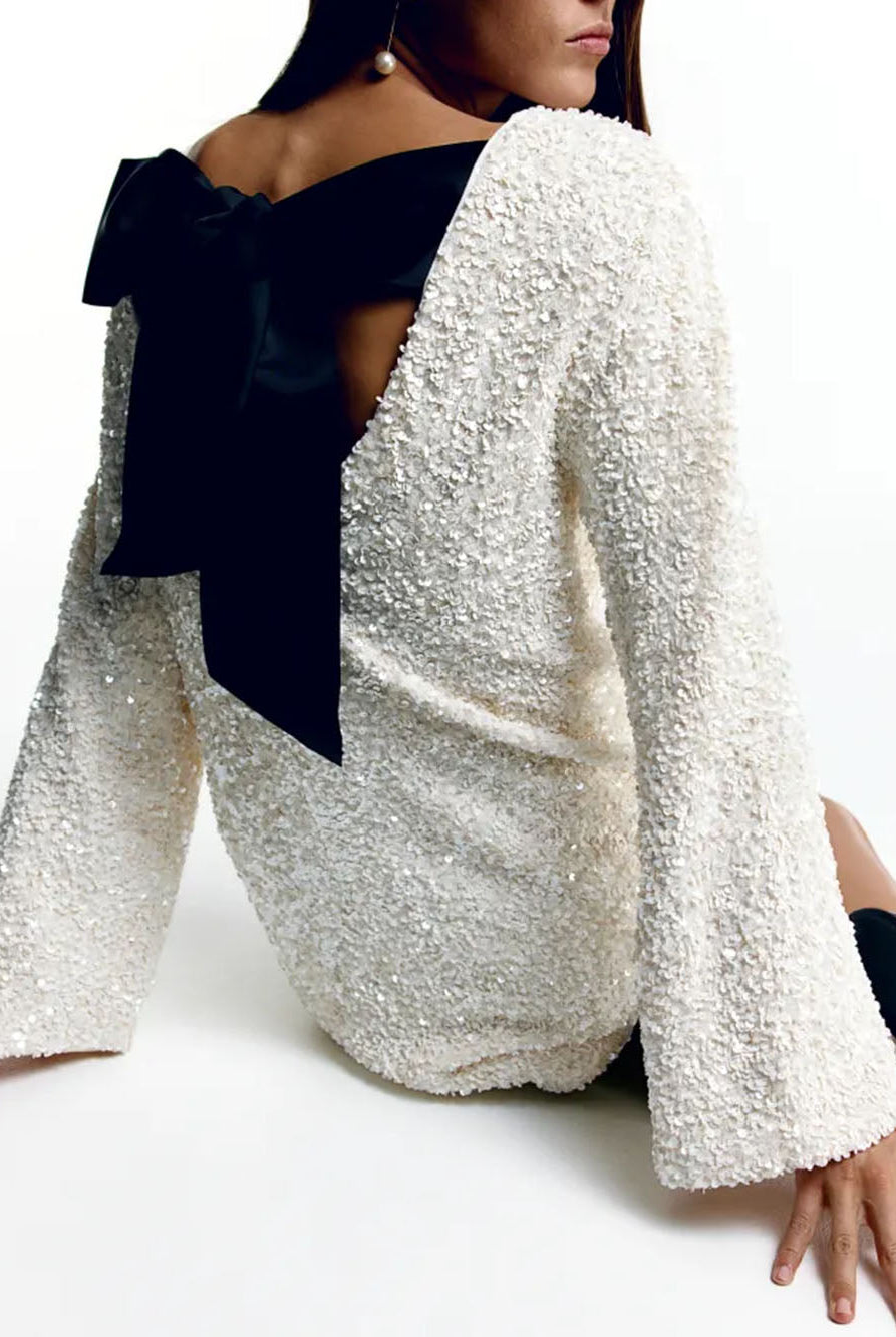 Women Textured Boucle Knit Long Sleeve Mini Dress - Image 2