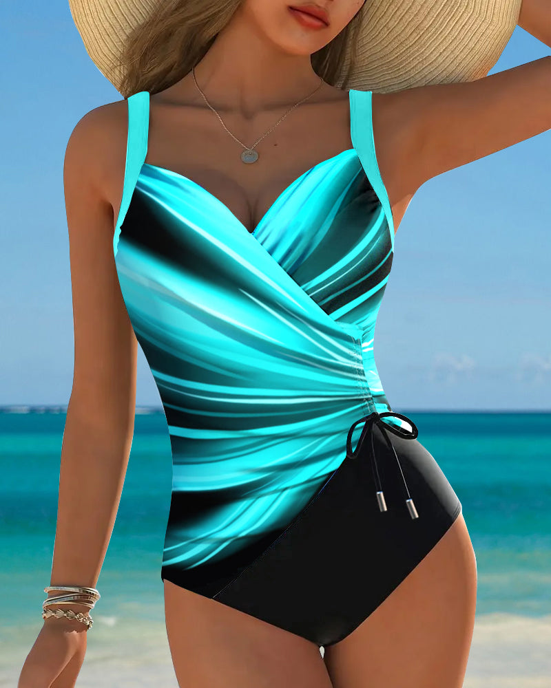 Women Lace Up Color Block One Piece Swimsuit - Image 10