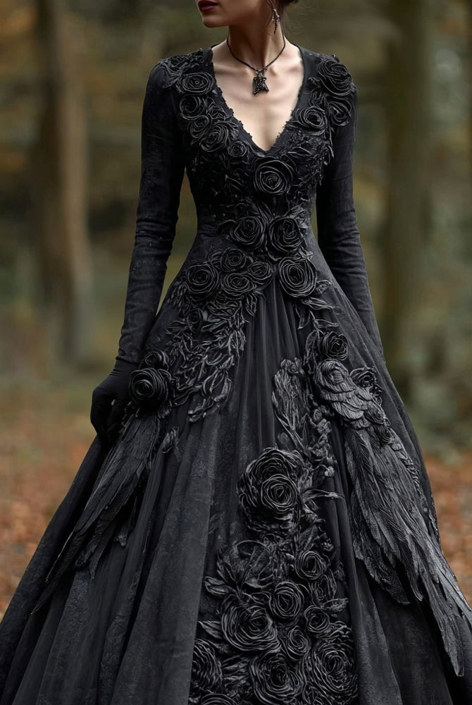 Women's Floral Long Sleeve Black Maxi Dress | Halloween