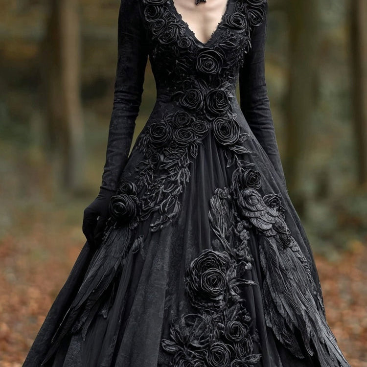 Women's Floral Long Sleeve Black Maxi Dress | Halloween