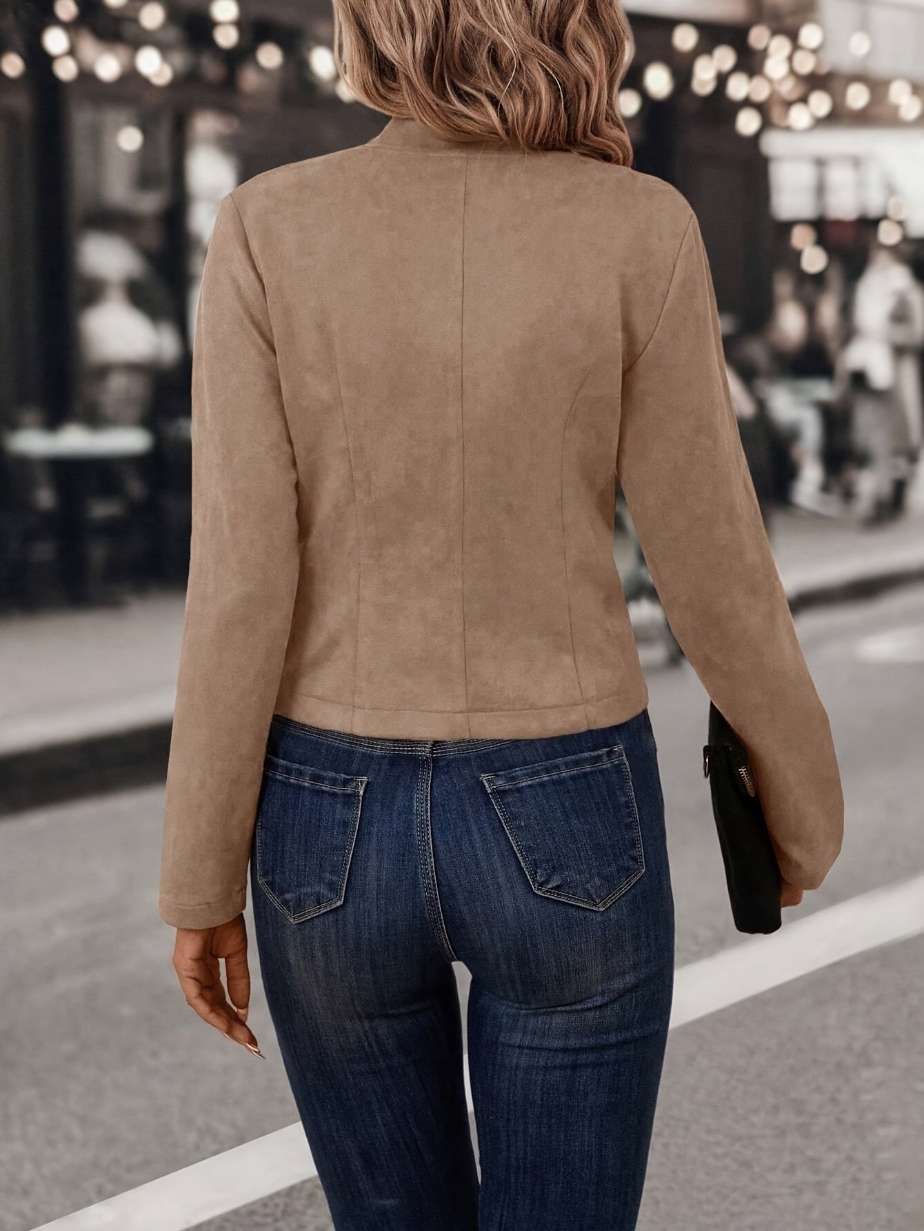 Women Faux Suede Double-Breasted Open Front Blazer - Image 2