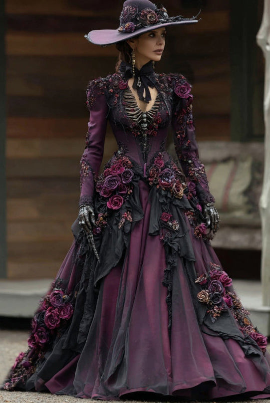 Women's Halloween Long Sleeve Purple Maxi Dress | Floral