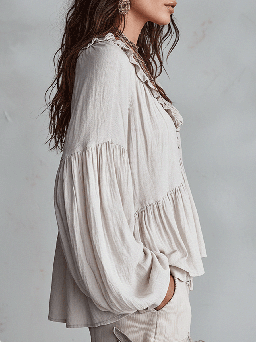 Women Ruffle Boho Blouse Long Sleeve Vintage Inspired White - Image 8