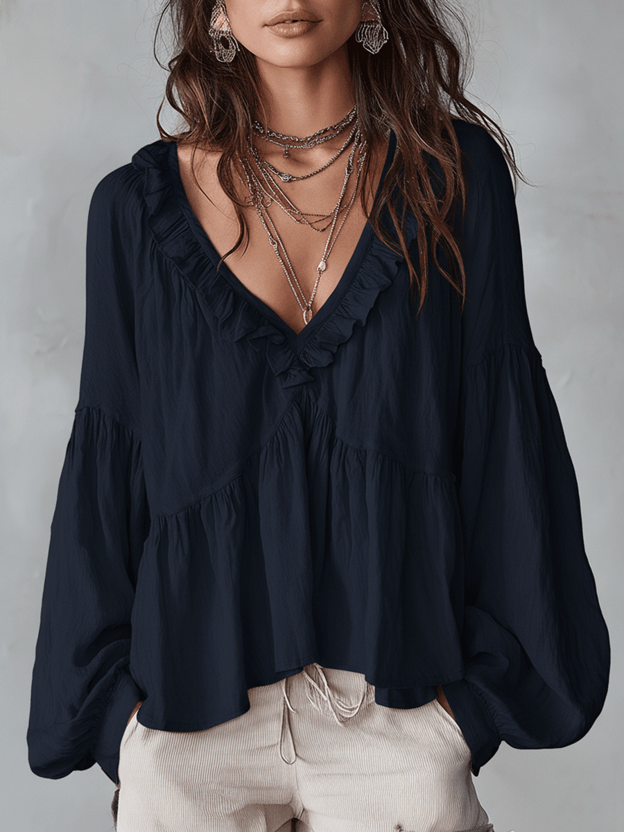 Women Ruffle Boho Blouse Long Sleeve Vintage Inspired White - Image 2