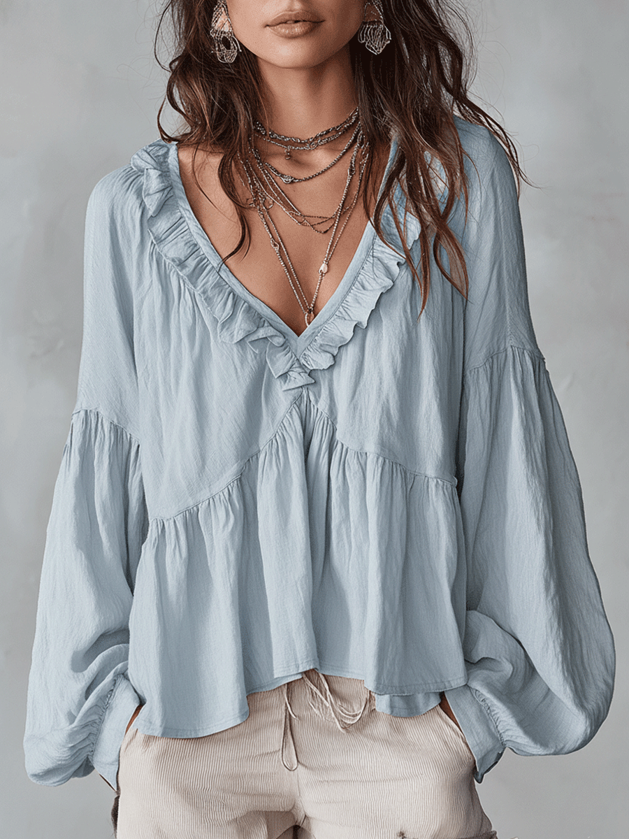 Women Ruffle Boho Blouse Long Sleeve Vintage Inspired White - Image 4