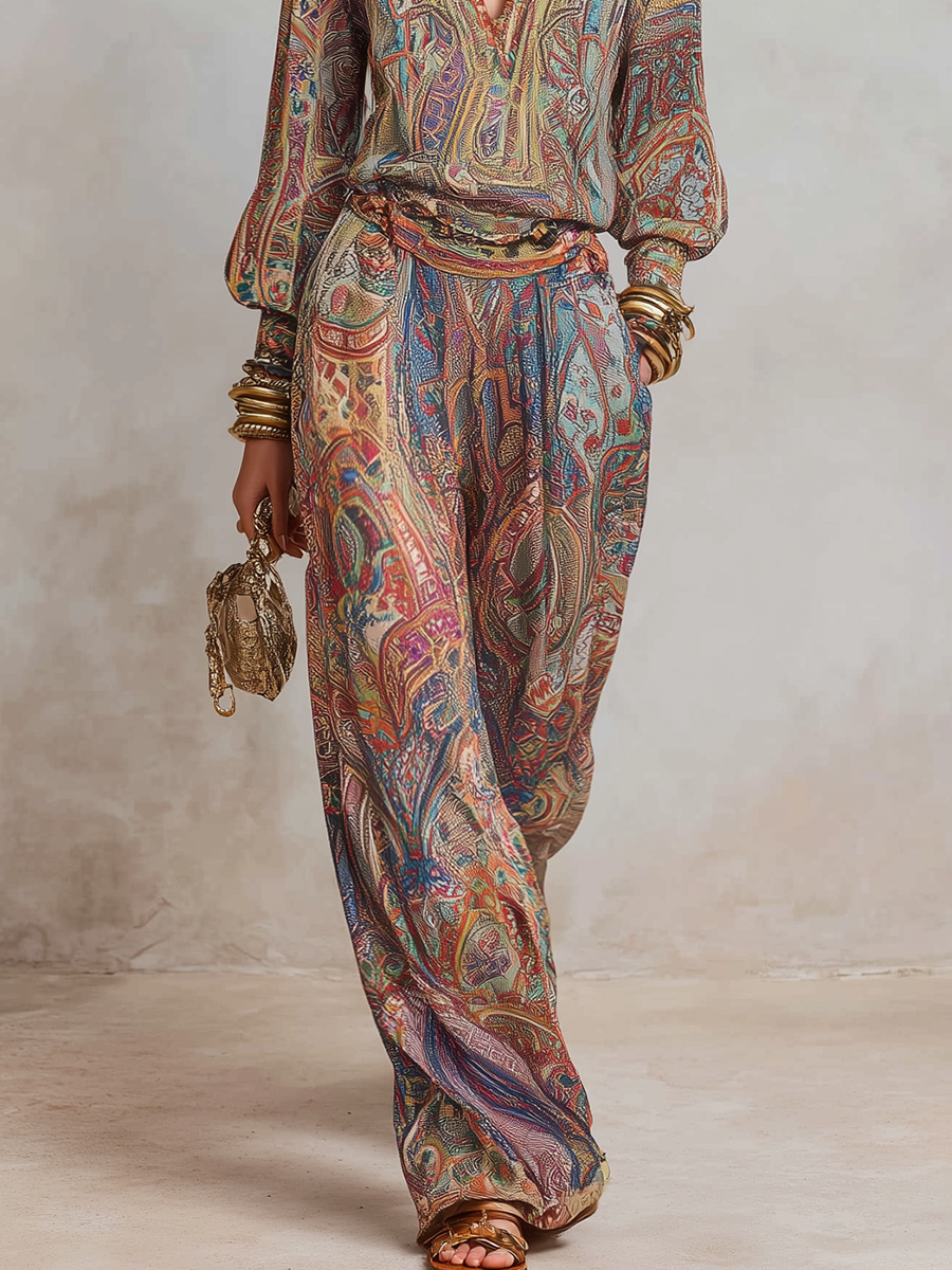 Women Paisley Print Wide Leg Pants Set - Image 4
