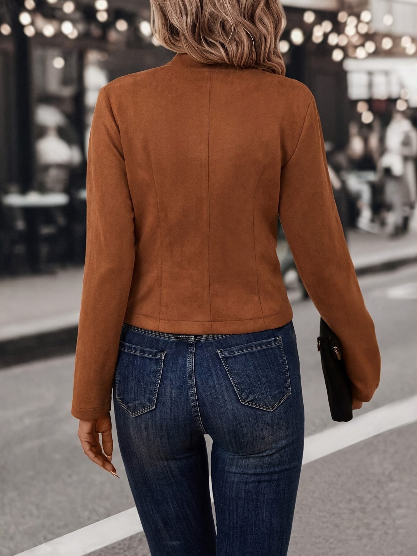 Women Faux Suede Double-Breasted Open Front Blazer - Image 5