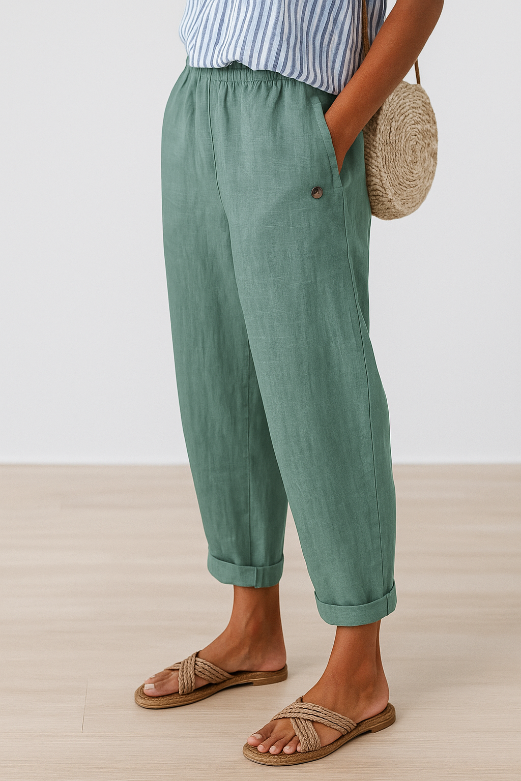 Women Linen Cropped Relaxed Fit Pull-On Pants - Image 4