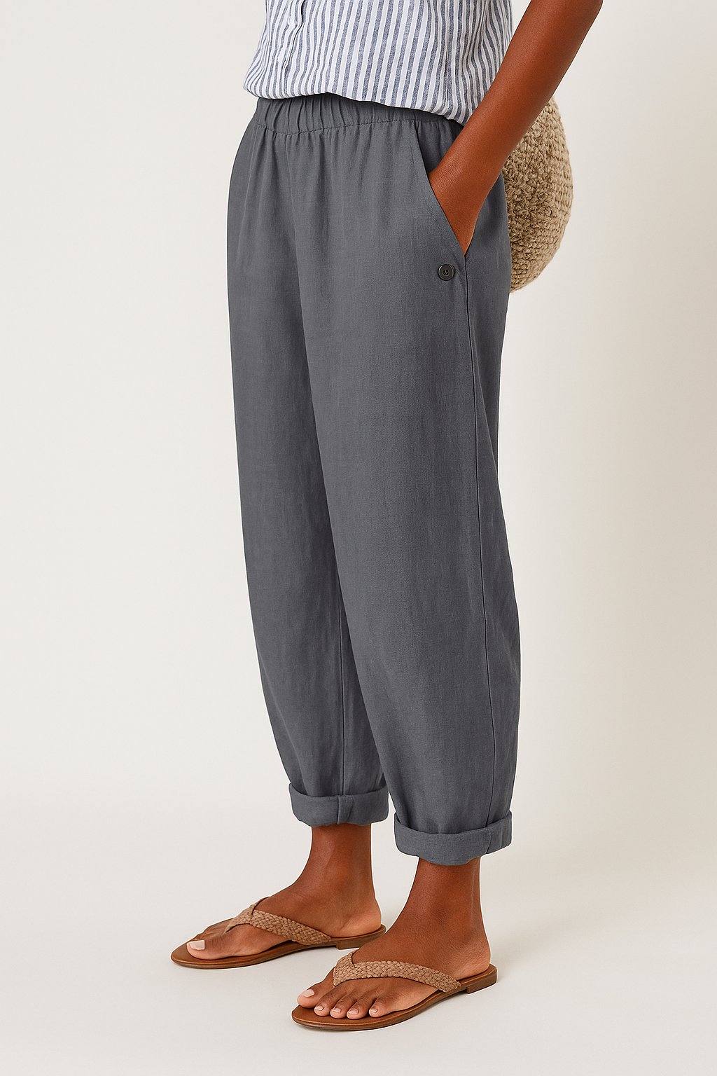 Women Linen Cropped Relaxed Fit Pull-On Pants - Image 5