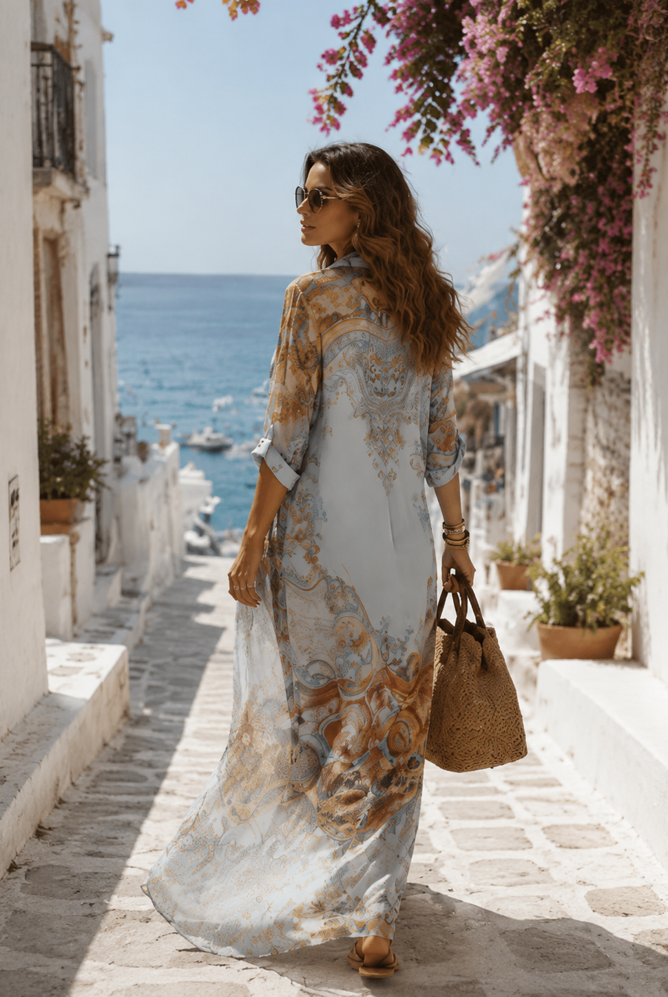 Women Blue Printed Chiffon Shirt Dress - Image 3