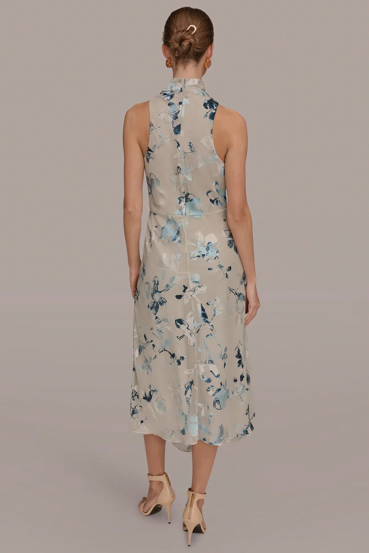 Women Floral Burnout Mock Neck Midi Dress Asymmetric Hem - Image 2