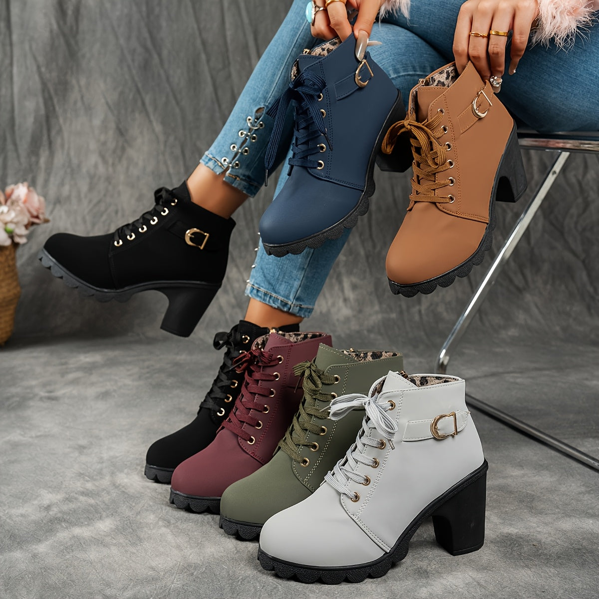Women's Block Heel Lug Sole Ankle Boots Side Zip - Image 12