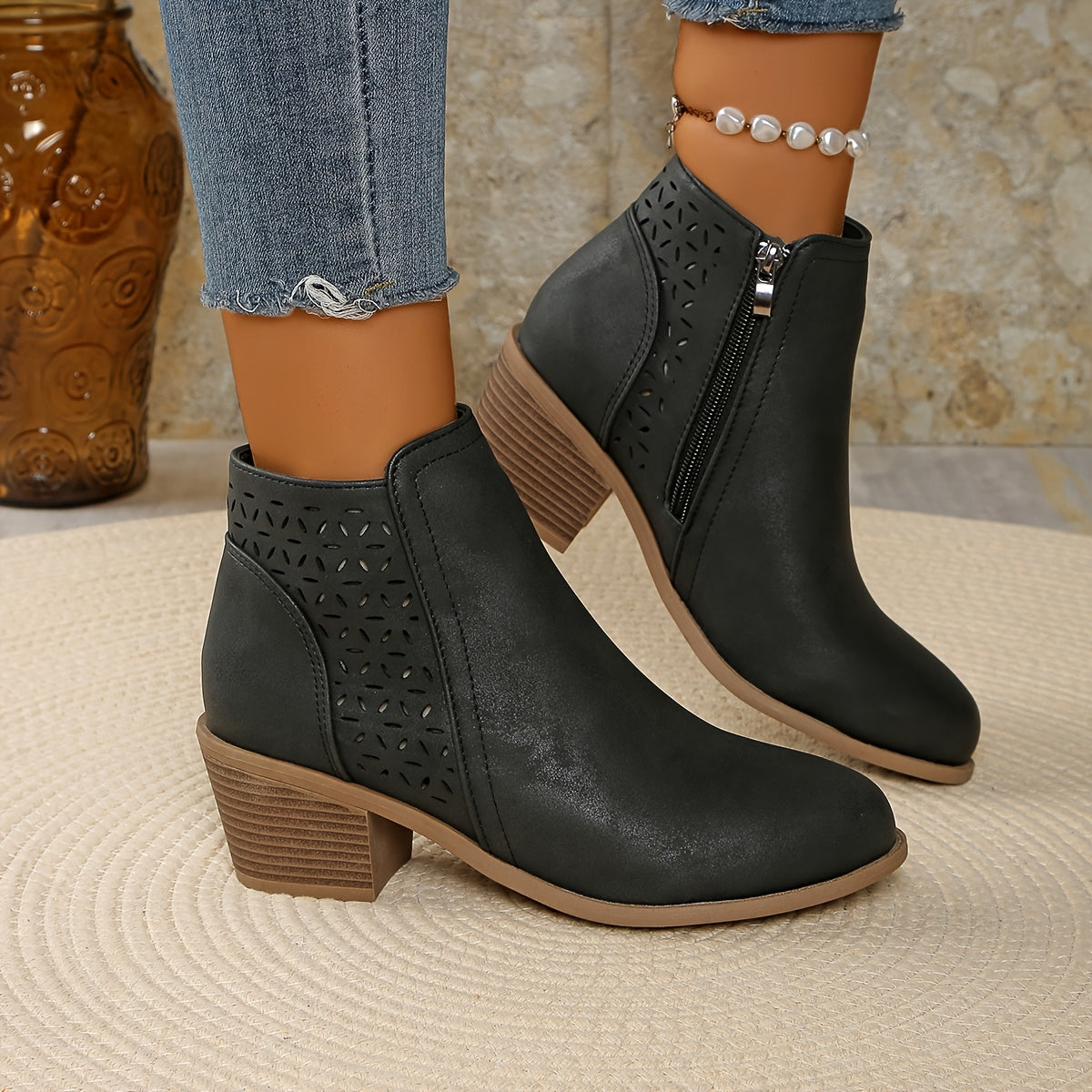 Women's Floral Cut Out Block Heel Ankle Boots - Image 3
