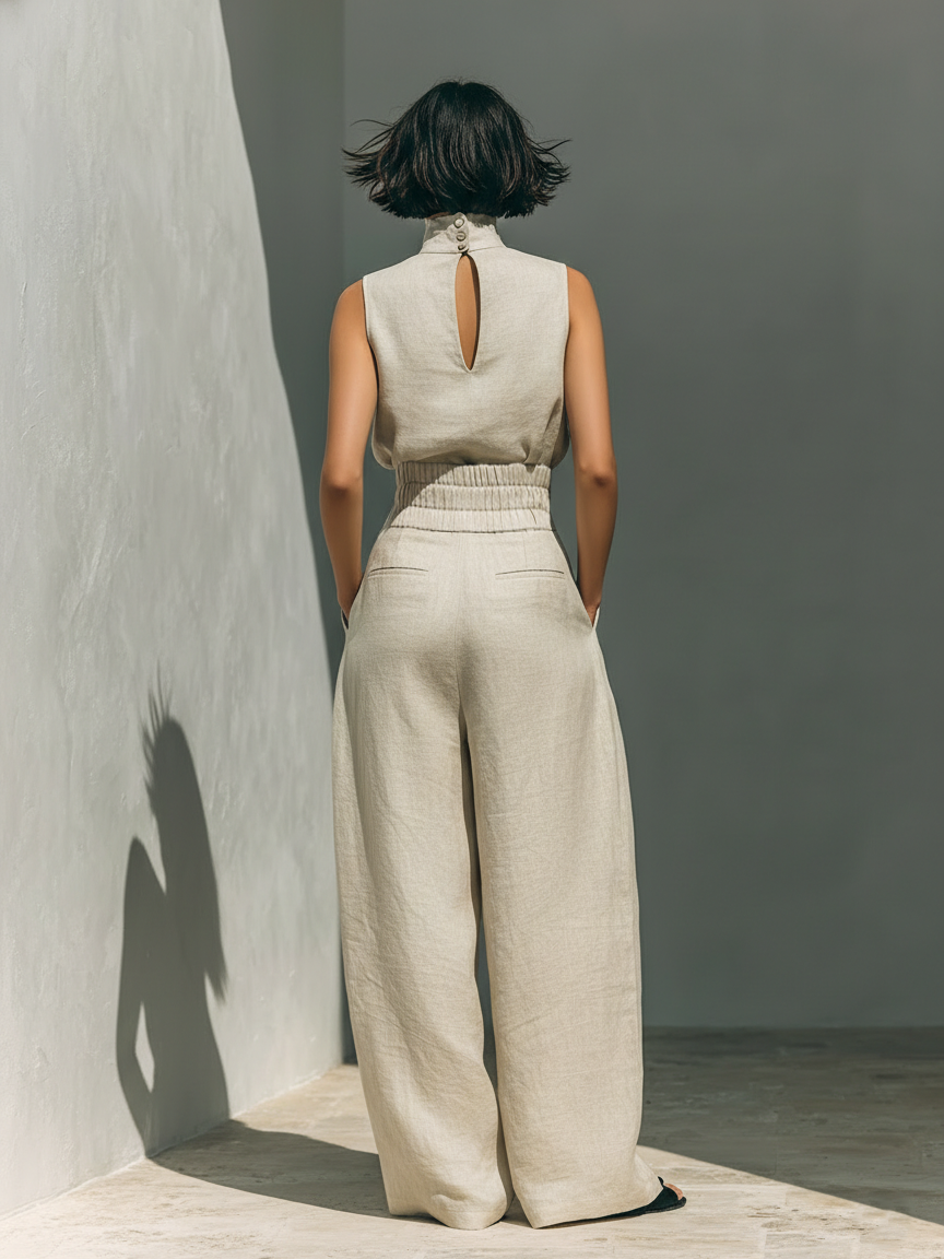 Damen Ärmellose Bluse und Weite-Hosen Ensemble - Image 2