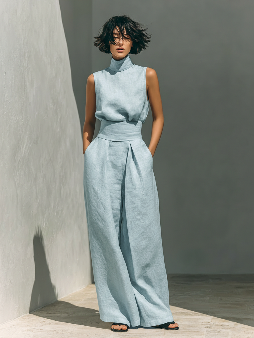 Damen Ärmellose Bluse und Weite-Hosen Ensemble - Image 4