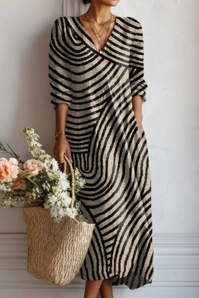 Women Vintage Linen Midi Dress Abstract Print Pockets