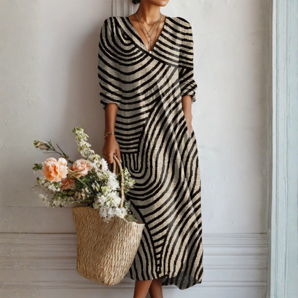 Women Vintage Linen Midi Dress Abstract Print Pockets