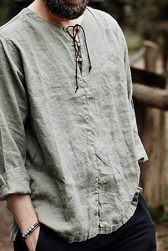 Men's Casual Linen Shirt Long Sleeve V-Neck Summer Beach - Image 2