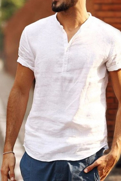 Men's Casual Linen Shirt Long Sleeve V-Neck Summer Beach - Image 7