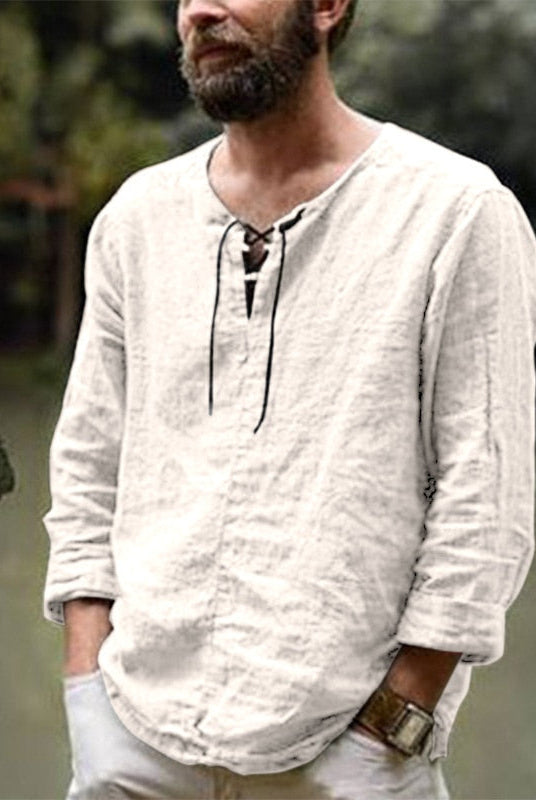 Men's Casual Linen Shirt Long Sleeve V-Neck Summer Beach