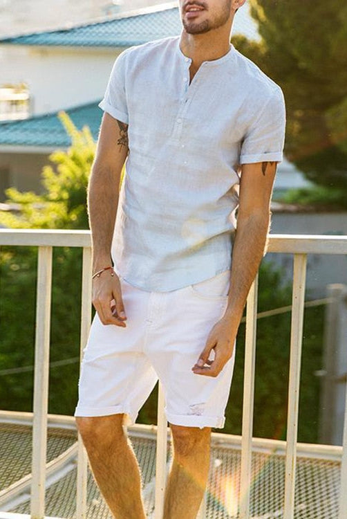 Men's Casual Linen Shirt Long Sleeve V-Neck Summer Beach - Image 5
