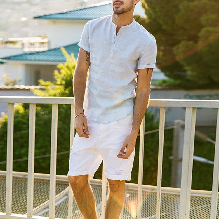 Men's Casual Linen Shirt Long Sleeve V-Neck Summer Beach - Image 5