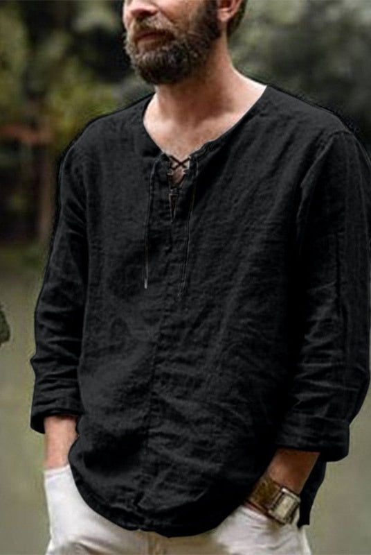 Men's Casual Linen Shirt Long Sleeve V-Neck Summer Beach - Image 3
