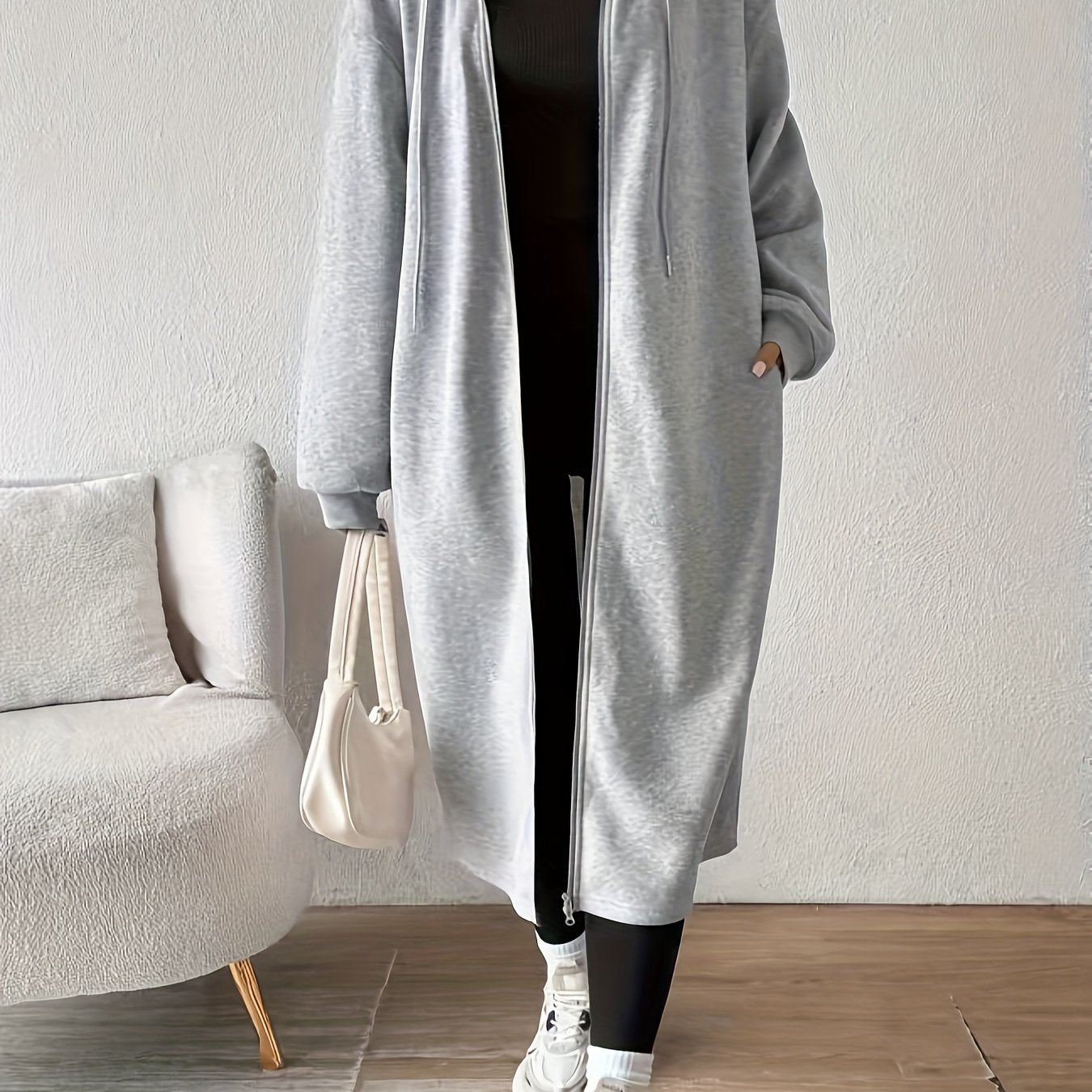 Women's Long Hooded Zip-Up Relaxed Fit Jacket - Image 11
