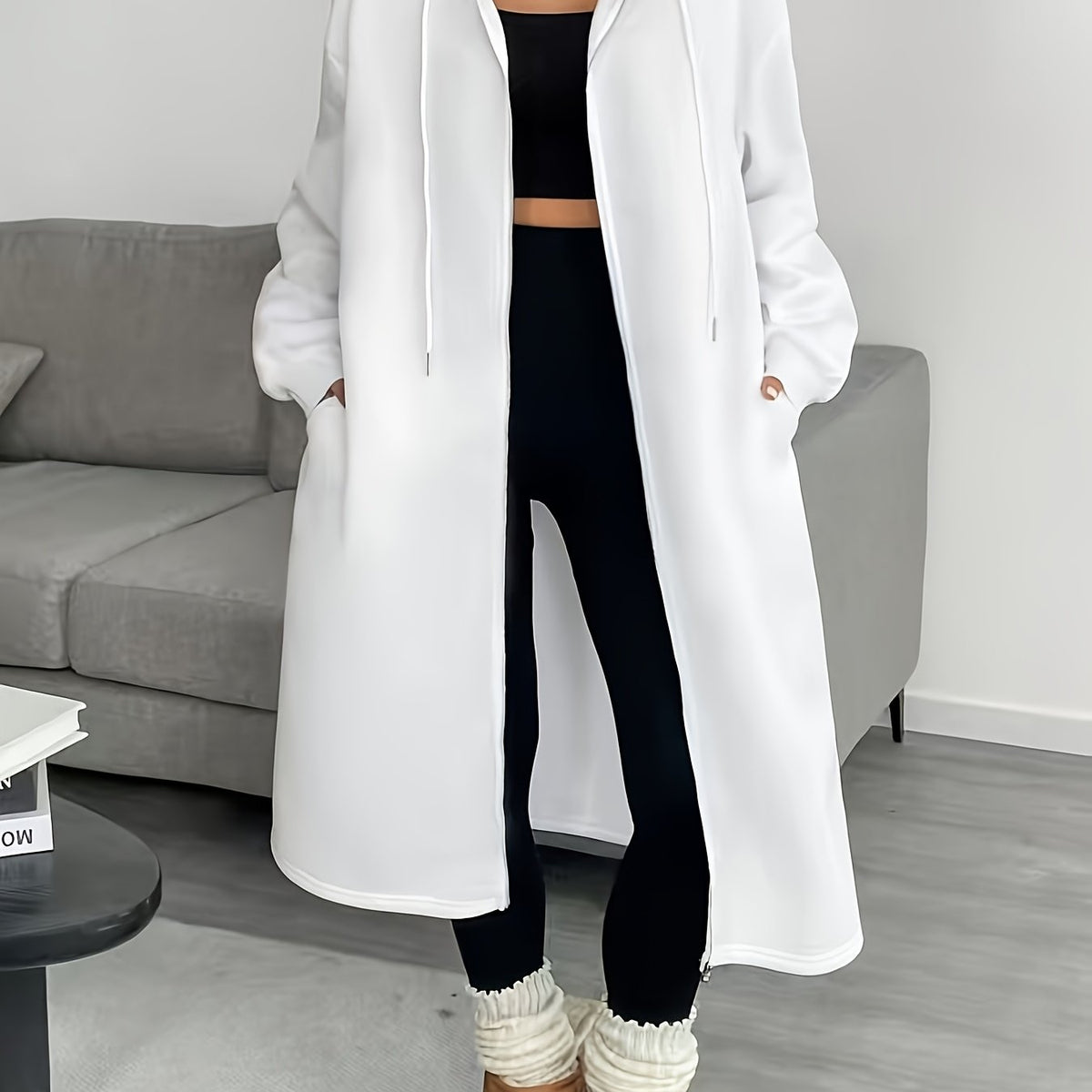 Women's Long Hooded Zip-Up Relaxed Fit Jacket