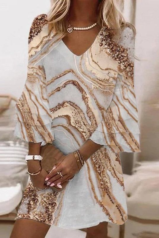 Women Marble Print V-Neck Flowy Mini Dress