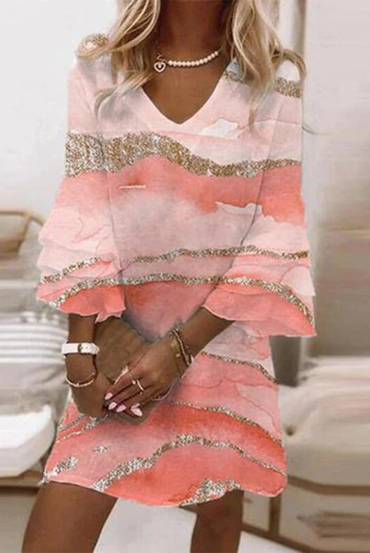 Women Marble Print V-Neck Flowy Mini Dress - Image 4