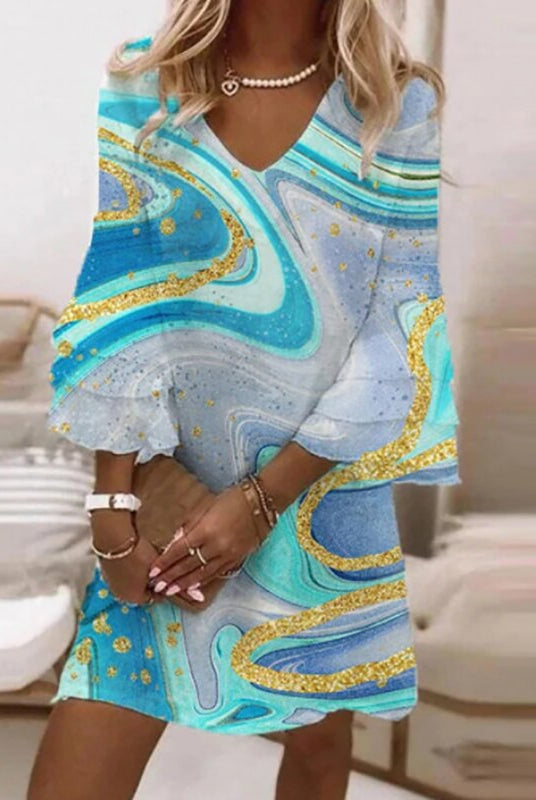 Women Marble Print V-Neck Flowy Mini Dress - Image 3