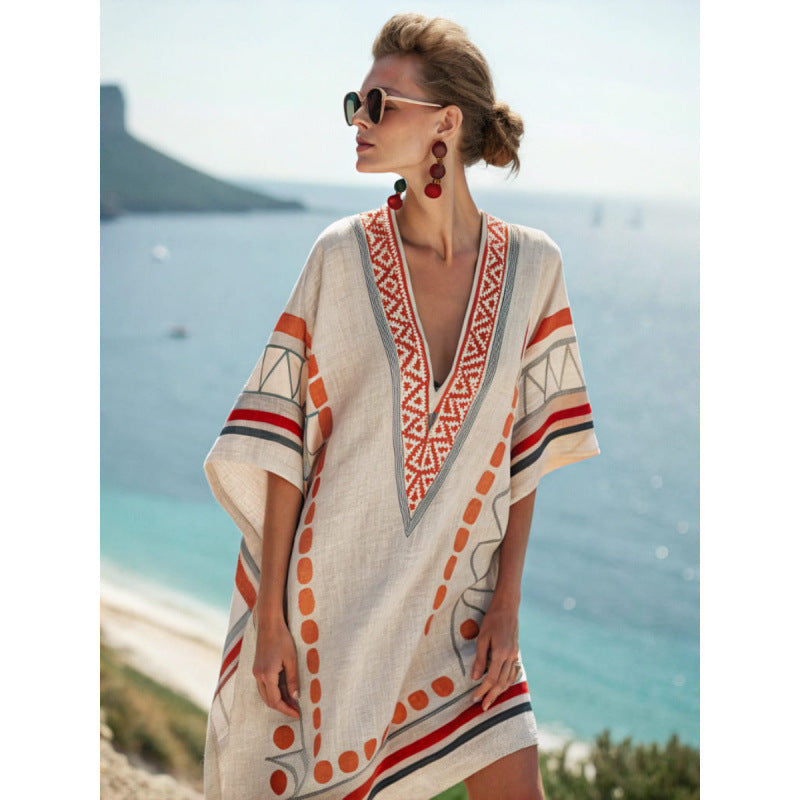 Women Cotton Linen Embroidered Caftan Dress Bohemian Summer Beach