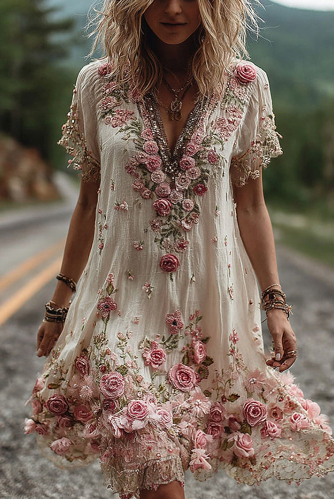 Women Floral Embroidered V-Neck Maxi Dress Summer Garden Party