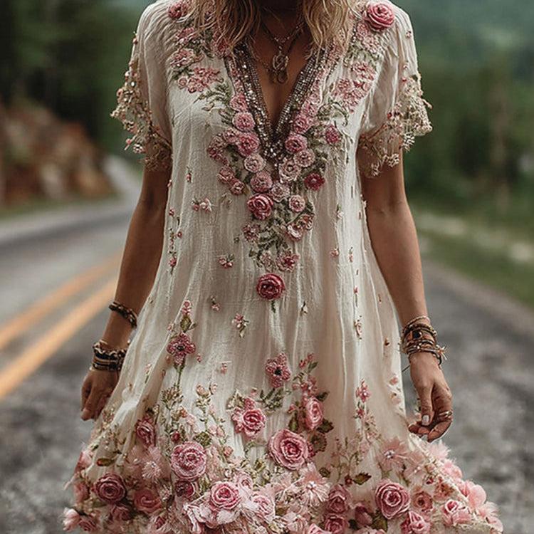 Women Floral Embroidered V-Neck Maxi Dress Summer Garden Party