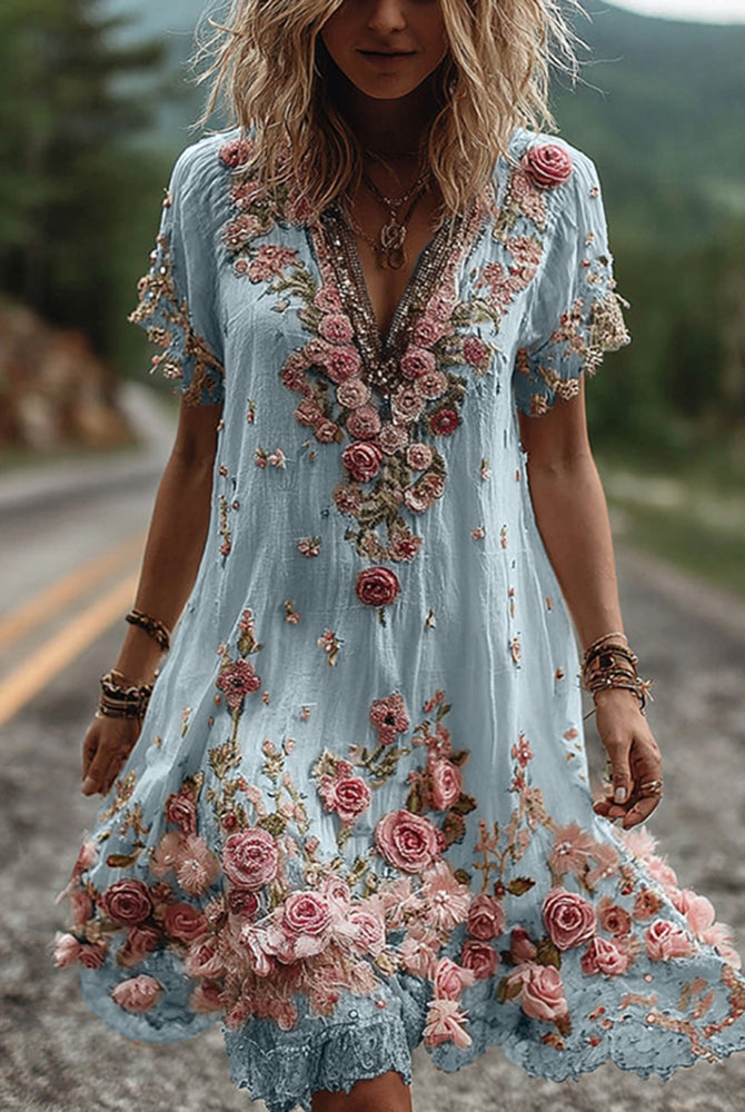 Women Floral Embroidered V-Neck Maxi Dress Summer Garden Party - Image 3