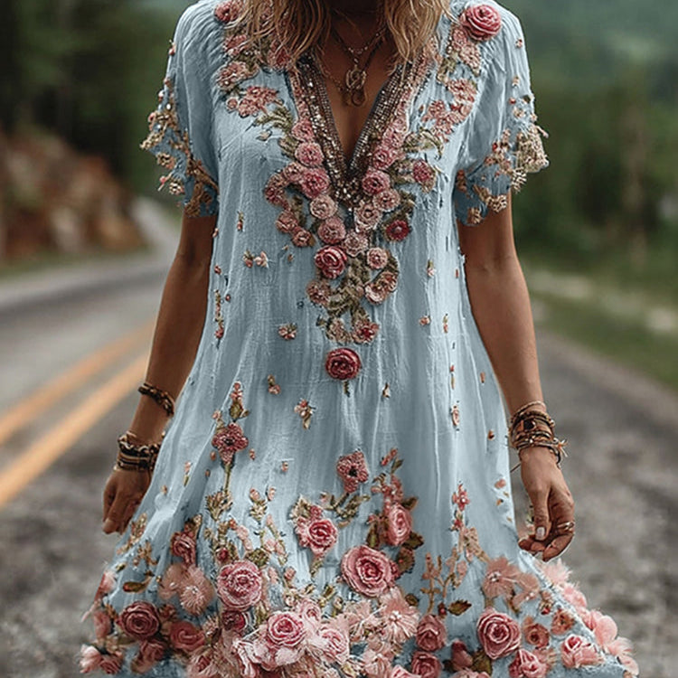 Women Floral Embroidered V-Neck Maxi Dress Summer Garden Party - Image 3