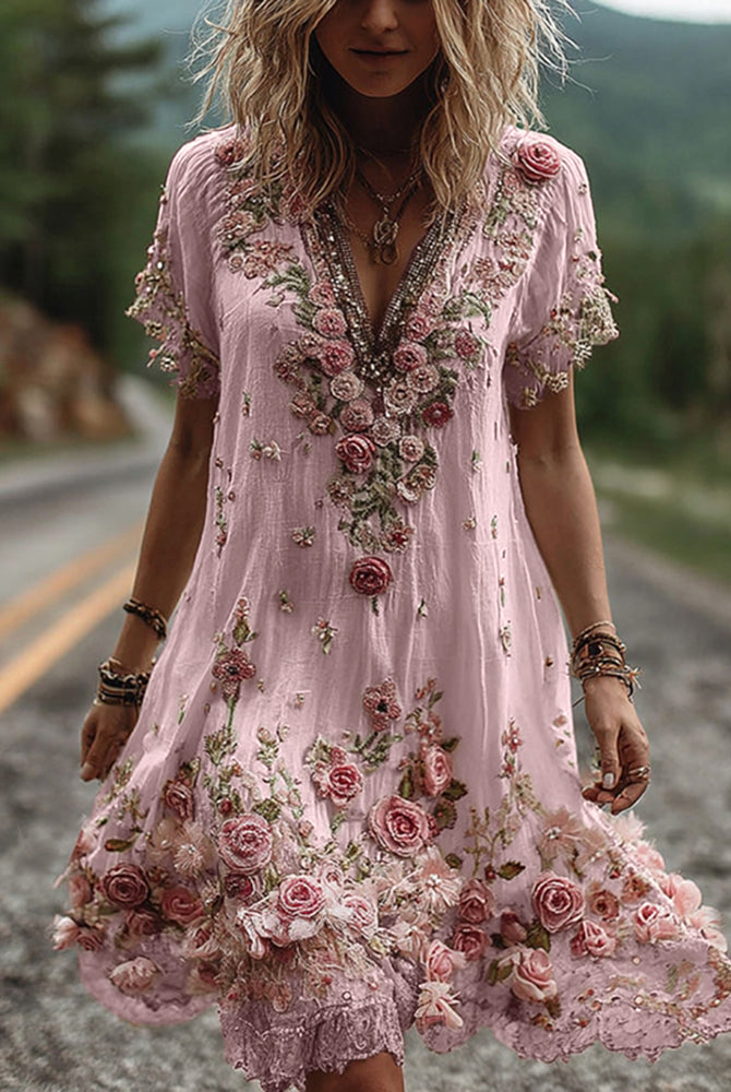 Women Floral Embroidered V-Neck Maxi Dress Summer Garden Party - Image 4