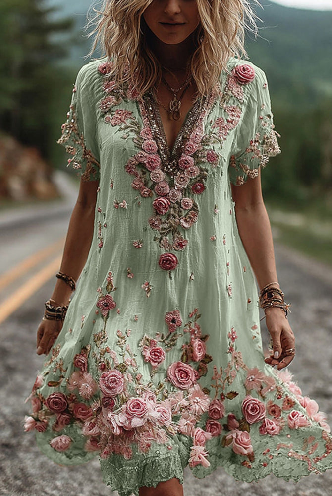Women Floral Embroidered V-Neck Maxi Dress Summer Garden Party - Image 5