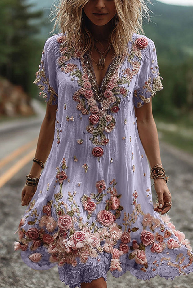 Women Floral Embroidered V-Neck Maxi Dress Summer Garden Party - Image 6