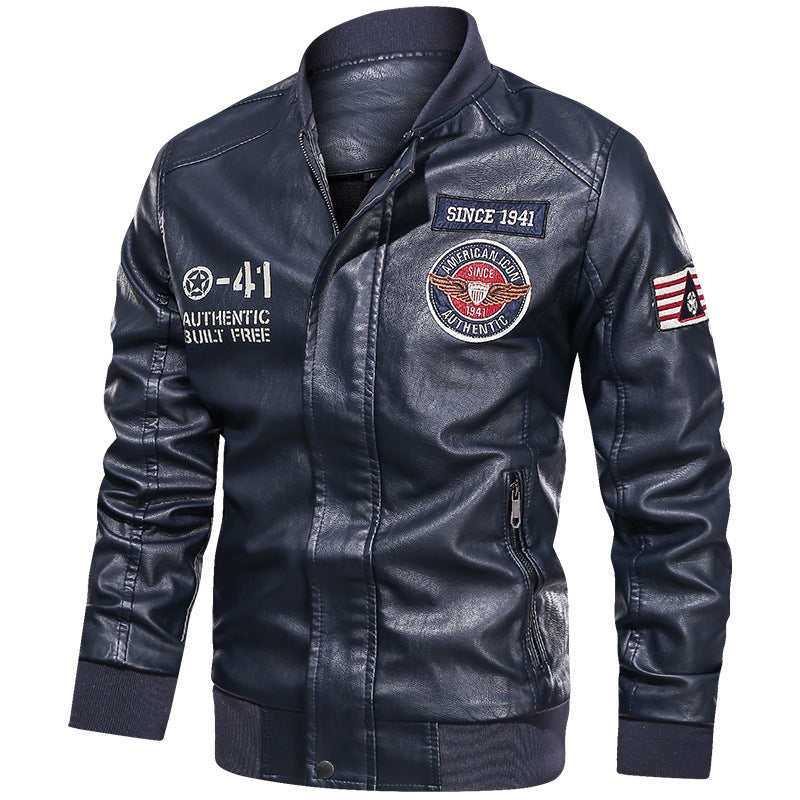 Men's Bomber Jacket with Embroidered Patches and Zip Pockets