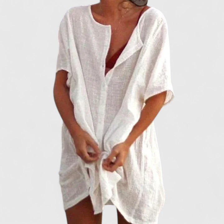 Women Loose Tunic Midi Dress V-Neck Short Sleeve