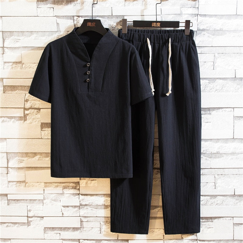 Men's 2 Piece Linen Outfit Set Summer Shirt Pants - Image 5