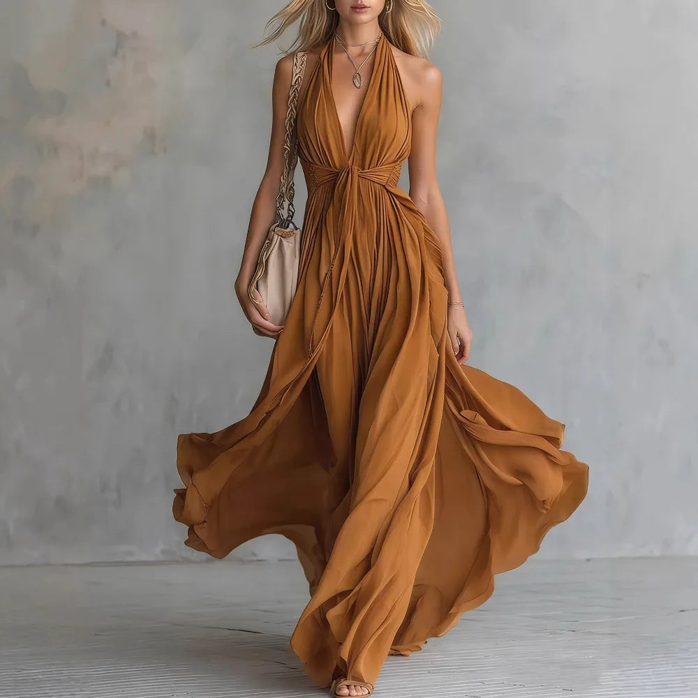 Women Halter Neck Deep V-Neck Flowy Maxi Dress Ruched Waist - Image 5